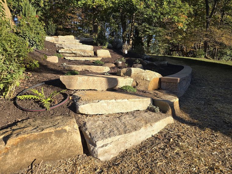 Natural sandstone slab steps climbing a wooded slope through mulched beds and ferns